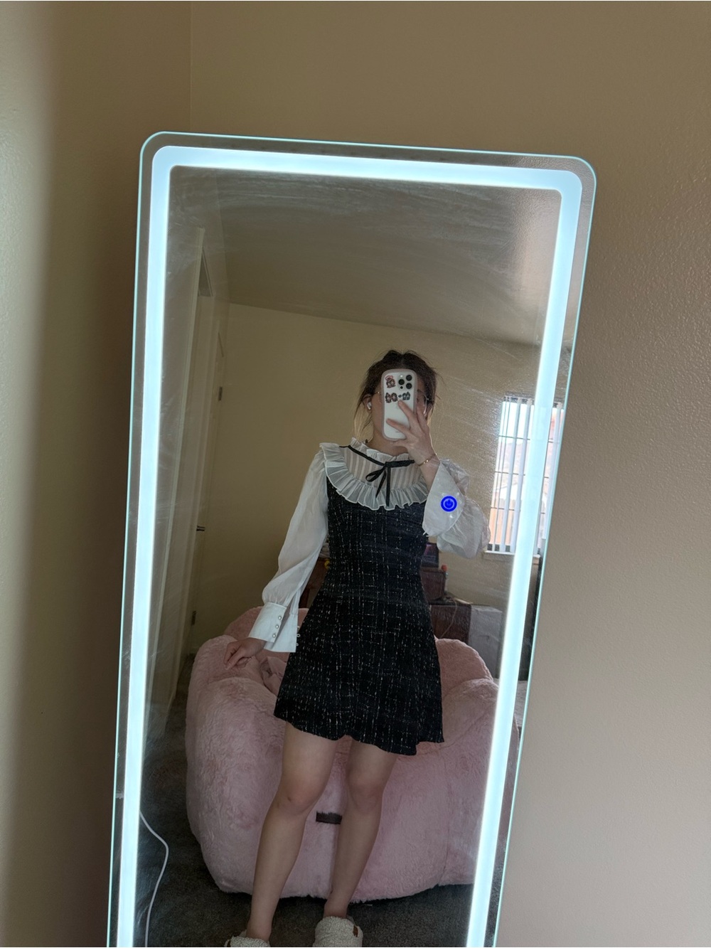 Black Tweed Pinafore Dress with White Ruffled Blouse